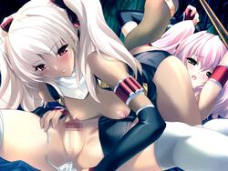 2girls 69 blush breasts censored choukou_sennin_haruka clothing dark_skin elbow_gloves female flat_chest game_cg gloves multiple_girls no_panties onigirikun panties pink_eyes pink_hair pussy red_eyes shihoudou_narika smile spread_legs stockings thighhighs tied_hair twintails underwear white_hair white_legwear white_panties white_thighhighs yuri