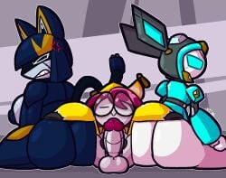 anthro ass balls between_butts big_breasts big_butt big_nipples black_eyes black_eyewear black_glasses black_inner_ear blonde_hair blue_clothing blue_eyes blue_hair blue_inner_ear blue_shirt blue_topwear bottomless breasts butt_grab butt_squish closed_eyes clothed clothing cross-popping_vein domestic_cat erection eyewear felid feline felis female genitals glans glasses group hair haku_(1upgobbo) hand_on_butt humanoid humanoid_genitalia humanoid_penis machine male male/female mammal metallic_body nek0byte nipples original original_character original_characters penis pink_balls pink_glans pink_hair pink_penis rem_(1upgobbo) robot shirt sitting squish topwear trio ultilix white_inner_ear yellow_inner_ear