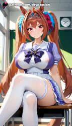 1girls 2025 ai_assisted ai_generated animal_ears anime artist_name bangs big_breasts big_chest blush bow breast breasts brown_hair bust busty chalkboard chest classroom clock covered_nipples crossed_legs daiwa_scarlet_(umamusume) desk explicit female hi_res high_quality high_resolution highres horse_ears horse_girl horse_tail indoors large_breasts long_hair looking_at_viewer on_desk patreon patreon_username purple_eyes school_desk school_uniform see-through serafuku short_sleeves sitting sitting_on_desk skirt skypassion smile solo stable_diffusion summer_uniform tail thighhighs tiara tracen_school_uniform twintails umamusume umamusume_pretty_derby wall_clock watermark white_legwear window