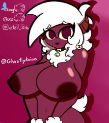 artist_name bell big_breasts brown_eyes brown_skin collar ghostlykoisus hi_res horns koishiko_(artist) lana_(koishiko) light_yellow_sclera looking_at_viewer sheep sheep_girl simple_background simple_shading white_hair wool_(fur) zg_uwu