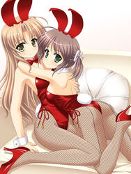 asagiri_mai bunny_ear bunny_girl bunny_tail bunnysuit fishnet_pantyhose fishnets green_eyes high_heels hozumi_sayaka hug long_hair masakichi_(crossroad) pantyhose pointy_chin shoes short_hair tail wrist_cuffs yellow_eyes yoake_mae_yori_ruri_iro_na