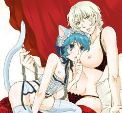 2girls animal_ears artist_request bell bell_collar blonde_hair blue_eyes blue_hair bow breasts bustier cat_bell cat_ears cat_tail chains char_aznable collar female female_only garter_belt gundam jingle_bell kamille_bidan large_breasts lingerie multiple_girls panties pussy quattro_bajeena ribbon rule_63 short_hair tail thighhighs underwear zeta_gundam