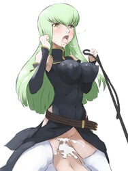 blush breasts c.c. censored code_geass cowgirl_position cum cum_inside detached_sleeves erect_nipples green_hair no_panties penetration saliva sex straddle tears thighhighs vaginal_penetration