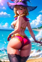 ai_generated ass babe beach beautiful_females breasts brown_hair busty_female clouds day earrings fantasy female female_only genshin_impact gloves green_eyes island jewelry large_ass large_breasts lipstick lisa_(genshin_impact) looking_back_at_viewer lovely magical_girl medieval_clothing palm_tree rpg sexy solo stable_diffusion stockings sunlight swimsuit thick_thighs toongenai video_game_character video_game_franchise video_games voluptuous_female waves witch_hat