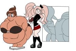 2girls asahina_aoi bbw belly danganronpa danganronpa:_trigger_happy_havoc danganronpa_1 fat fat_female fat_fetish female female_only hand_on_ass junko_enoshima massive_belly morbidly_obese morbidly_obese_female multiple_girls obese obese_female scale superspoe tanned tanned_female tanned_skin