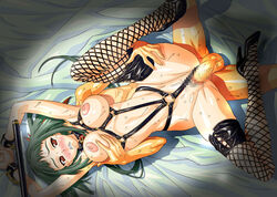 blush bondage breast_grab breasts censored collar crotch_strap fishnet_legwear fishnet_stockings fishnets from_behind green_hair harness high_heels legwear lolita_channel long_hair mai_hime mai_otome my-hime my-otome nipples okuzaki_akira penis pussy red_eyes sex shoes slave small_breasts spreader_bar stockings sweat testicles thighhighs vaginal wrist_cuffs