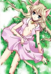 animal_ears bell bell_collar blonde_hair blue_eyes cat_ears cat_tail collar flat_chest grass highres lying no_bra no_panties open_clothes open_shirt pointy_chin pussy shirt tail