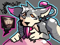 2boys anthro anthro_on_anthro artist_signature blowjob blowjob_pov canine character_request cock dick dog_boy dog_ears dog_tail furry furry_only grabbing_waist grey_fur knotted_penis looking_at_partner looking_at_viewer looking_pleasured male meme_reference orange_eyes penis perspective pink_fur pink_highlights self_upload sucking_penis to4ster-0v3n_(artist) white_fur