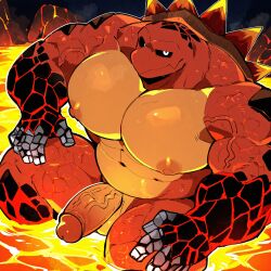 1:1 1boy ai_generated anthro balls bara black_sclera civitai crash_(series) crash_mind_over_mutant crash_of_the_titans gay jipipit_(prompter) magma magmadon_(crash_series) male male_only moobs muscles muscular nipples penis solo turtle veiny_muscles veiny_penis video_games yaoi