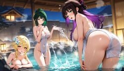 ai_generated female genshin_impact liarty lumine_(genshin_impact) multiple_females multiple_girls nude_female onsen splashing
