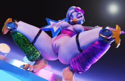 3d_(artwork) animatronic anthro areola avian avian_feet beak big_breasts bird breasts chicken clothing clothing_aside digital_media_(artwork) ear_piercing exposed_breasts eyelashes eyeshadow facial_markings feathers female five_nights_at_freddy's five_nights_at_freddy's:_security_breach front_view galliform gallus_(genus) genitals glamrock_chica green_clothing green_legwear guitar head_feathers head_markings head_tuft hi_res holding_guitar holding_musical_instrument holding_object legwear leotard leotard_aside looking_at_viewer low-angle_view machine makeup markings musical_instrument nipples nitenight pattern_clothing pattern_legwear phasianid piercing pink_areola pink_bow pink_clothing pink_eyeshadow pink_leotard pink_nipples plucked_string_instrument purple_clothing purple_eyes purple_legwear pussy robot scottgames solo spread_legs spreading steel_wool_studios string_instrument striped_clothing striped_legwear stripes thick_thighs tuft vulva white_body white_feathers wide_hips