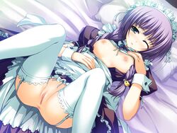 1girls akatsuki_no_goei anus areolae bed blush braid breasts cameltoe female female_only game_cg green_eyes hair_ribbon highres lace lace-trimmed_thighhighs maid maid_headdress nipples no_panties on_back pillow purple_hair pussy ribbon shirt_lift solo stockings thighhighs tomose_shunsaku tsuki_(akatsuki_no_goei) twin_braids uncensored white_legwear white_thighhighs wink wrist_cuffs