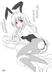 animal_ear blush bunny_ear bunnysuit golden_darkness konjiki_no_yami looking_back monochrome pantyhose pointy_chin to_love-ru tomusooya torn_clothes torn_pantyhose