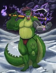 alligator alligatorid anthro axe battle_axe belly big_belly big_muscles body_hair bottomwear clothing crocodile crocodilian digital_media_(artwork) felipe_gse green_body hair hi_res invader_(invaderthegator) jockstrap lizard looking_at_viewer male male/male moon mouth muscles muscular muscular_anthro muscular_male open_mouth organs reptile scalie size_difference solo space stomach tail teeth tongue underwear weapon