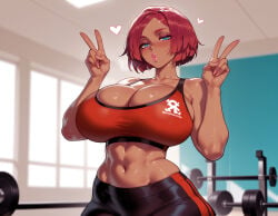 1girl 1girls abs ai_generated balecxi bare_shoulders black_pants blue_eyes blush bra breasts bursting_breasts cleavage clothing collarbone cowboy_shot curvaceous curvaceous_female curvaceous_figure curvy curvy_figure dark-skinned_female dark_skin double_v dumbbell exercise female female_focus fingernails giovanna_(guilty_gear) guilty_gear guilty_gear_strive gym hands_up huge_breasts indoors inviting inviting_to_sex large_breasts lips looking_at_viewer midriff muscular muscular_female navel pants parted_bangs pink_nails presenting presenting_breasts presenting_self puckered_lips red_hair red_sports_bra seductive seductive_look seductive_smile short_hair solo sports_bra sportswear stomach sweat thighs tight_clothes toned underwear v voluptuous voluptuous_female yoga_pants