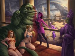 4girls alien_girl astromech_droid auburn_hair background_characters belly_dancer belly_dancer_outfit blonde_hair breasts cleavage dancer dancer_outfit dancing daypaintstudio female femsub freckles graballa_the_hutt green_skin harem harem_girl harem_outfit headwear hi_res highres hutt kneeling large_breasts leash_pull loincloth long_hair magenta_skin mina_(zeltron) neimoidian oc original_character original_characters pink_skin ponytail purple_skin red_hair slave slave_bikini slave_collar slave_leia_(cosplay) slave_outfit slavegirl star_wars submissive_female thigh_highs wip work_in_progress zeltron