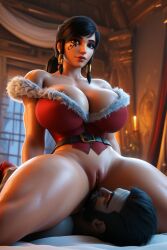 1boy 1girls 3d ai_generated big_ass big_breasts black_hair brown_eyes christmas christmas_outfit cute gigantic_breasts large_breasts massive_breasts massive_thighs overwatch overwatch_2 pharah ravenomega sex sexy_body sexy_woman smile thunder_thighs
