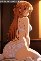 ai_generated asuna_(sao) blushing bra brown_eyes brown_hair looking_at_viewer panties sword_art_online underwear velvetart yuuki_asuna