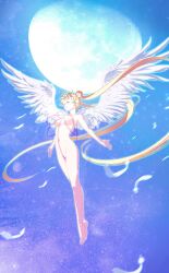 1990s_(style) adult_swim alluring angel_wings bishoujo_senshi_sailor_moon blonde_hair breasts closed_eyes completely_nude crescent crescent_facial_mark crystal detransformation double_bun facial_mark feathers female female_focus forehead_mark full_moon hair_bun highres long_hair magical_girl medium_breasts moon naked_ribbon nude oldschool-girl retro_artstyle ribbon sailor_moon sky solo toei_animation toonami transformation twintails usagi_tsukino very_long_hair wings