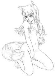 1girls animal_ears apple apples barefoot breasts flat_chest food fruit holo kneeling long_hair mihoto_kouji monochrome nude sketch spice_and_wolf tail