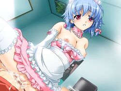 ayakashi bare_shoulders blue_hair blush braid breasts censored choker cleavage clenched_teeth cowgirl_position cum cum_inside dutch_angle elbow_gloves frills game_cg gloves maid nipple_slip nipples no_bra no_panties pink_eyes pov purple_eyes pussy pussy_juice sex straddle tears thighhighs toma_(asagayatei) twin_braids vaginal_penetration waitress wet_pussy yoake_eimu