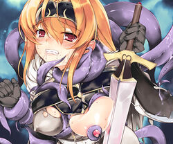 aburidashi_zakuro areola areolae blonde_hair blush breasts erect_nipples fantasy is_savant large_breasts nipples original red_eyes sword tentacle weapon