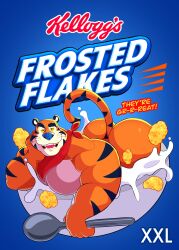 2025 absurd_res anthro ass ass_up bedroom_eyes beetleartz big_butt big_muscles blue_background bowl bubble_butt butt_from_the_front cereal container cutlery deltoids dialogue english_text eyebrows felid food frosted_flakes fur hi_res holding_spoon huge_butt huge_muscles in_bowl in_container kellogg's kerchief kitchen_utensils logo looking_at_viewer male mammal mascot milk muscles muscular muscular_anthro muscular_male narrowed_eyes neckerchief neckwear nude open_mouth open_smile pantherine pecs presenting presenting_hindquarters seductive simple_background smile solo spoon stripes talking_to_viewer teeth text thick_arms thick_thighs tiger tongue tony_the_tiger tools tuft whiskers