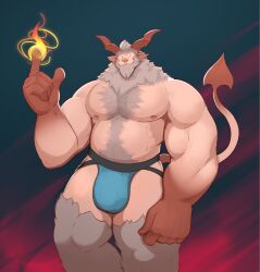 2_horns 5_fingers abstract_background anthro areola bara beard belly_hair biceps big_bulge big_hands big_muscles big_pecs biped blue_clothing blue_jockstrap blue_underwear body_hair brown_hands brown_horn brown_tail bulge chest_hair closed_smile clothed clothed_humanoid clothed_male clothing deltoids demon detailed_bulge digital_media_(artwork) dullaram elemental_manipulation eyebrows facial_hair fingers fire fire_manipulation fist front_view fur genital_outline gloves_(marking) grey_beard grey_body grey_eyebrows grey_facial_hair grey_fur grey_hair hair hairy happy_trail hi_res horn huge_muscles humanoid humanoid_hands jockstrap jockstrap_only magic magic_user male male_humanoid manly markings mouth_closed multicolored_body musclegut muscles muscular muscular_arms muscular_humanoid muscular_male neck_tuft nipples pecs penis penis_outline pink_areola pink_nipples pink_nose portrait pubes shaded smile solo spade_tail standing tail three-quarter_portrait topless topless_humanoid topless_male triceps tuft two_tone_tail underwear underwear_only yaoi