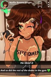 1girls after_sex body_writing breasts brown_hair bukkake caption choker cleavage cleavage_focus cum cum_drip cum_in_hair cum_on_body cum_on_breasts cum_on_face fake_screenshot female green_eyes gym gym_clothes gym_uniform hairclip jewelry large_breasts leggings looking_at_viewer mirror_selfie mole mole_on_breast mole_under_eye muffin_knight muffin_knight_(artist) nose_piercing phone ponytail profile_picture selfie size_queen smiling snapchat social_media sports_bra sweat sweat_drip sweatdrop sweating sweaty sweaty_body sweaty_breasts sweaty_face taking_picture tan_skin tank_top user_interface wink winking_at_viewer writing_on_body writing_on_breasts