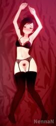 1girls black_hair blush laying_down lingerie nennan no_panties pubic_hair ruby_rose rwby solo solo_female