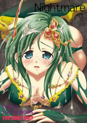 ass blue_eyes blush breasts bridal_gauntlets bukkake cleavage cover cum doujin doujinshi female female_only final_fantasy final_fantasy_iv final_fantasy_iv_the_after green_hair human large_breasts lying makoushi red_ribbon_revenger rydia solo tears thighhighs torn_clothes