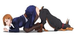 1boy ass ass_to_ass balls breasts brown_eyes brown_hair canid canine canis clothed clothed_female clothed_sex clothing cthulhuchan cum cum_in_pussy cum_inside expressionless female female_on_human feral feral_on_female feral_on_human feral_penetrating_human human_on_feral human_penetrated jujutsu_kaisen knotting knotting_position kugisaki_nobara male medium_breasts medium_hair pantyhose pussy sex sex_from_behind simple_background testicles top-down_bottom-up torn_clothes torn_pantyhose vaginal_penetration white_background zoophilia