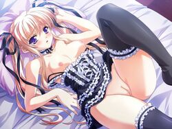 ankoromochi bed black_legwear blonde_hair blue_eyes breasts hair_ribbon lying nagisano no_panties pointy_chin purple_eyes pussy ribbon source_request thighhighs tied_hair twintails uncensored yagyuu_aoi