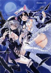 2girls animal_ears black_wings breasts cat_ears cum feathers female female_only gothic_lolita hazuki_(tsukuyomi) highres lolita_fashion long_hair multiple_girls panties purple_eyes purple_hair rozen_maiden side-tie_panties silver_hair suigintou tearing_clothes thighhighs torn_clothes tsukuyomi_moonphase underwear wings