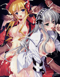 00s 2girls bar_censor blonde_hair blue_eyes blush breasts bukkake censored cum cum_on_body cum_on_breasts cum_on_upper_body double_handjob eyebrows facial fellatio female gangbang goth_loli_seitokai gothic_lolita green_eyes group_sex hagure_keg hairband handjob highres keg large_breasts lolita_fashion long_hair male multiple_girls multiple_penises nipples open_clothes open_mouth open_shirt oral penis rozen_maiden sex shinku shirt silver_hair straight suigintou tongue white_hair