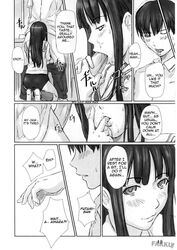 comic doujinshi english_text fellatio finger_licking futami_eriko hard_translated highres jpeg_artifacts kimi_kiss kisaragi_gunma kneeling licking monochrome oral page_12 penis right_to_left school_uniform translated watermark