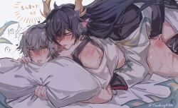 2boys ? anal artist_name bare_shoulders bite_mark black_hair black_pants black_shirt blush caelus_(honkai:_star_rail) chinese_clothes chinese_commentary closed_eyes coat commentary_request dan_heng dan_heng_(permansor_terrae)_(honkai:_star_rail) dragon_boy dragon_horns dragon_tail earclip eyeliner fuyu_(xiaodongd2333) grey_hair hair_between_eyes heart highres honkai:_star_rail honkai_(series) horns licking licking_ear long_hair long_sleeves lying makeup male male_focus multiple_boys no_pupils notice_lines off-shoulder_shirt off_shoulder official_alternate_costume official_alternate_hairstyle on_bed on_stomach open_mouth pants pillow pillow_grab pointy_ears red_eyeliner sex shirt short_hair short_sleeves simple_background speech_bubble spoken_question_mark steam sweat t-shirt tail teeth tongue tongue_out trailblazer_(honkai:_star_rail) white_background white_coat white_shirt yaoi yellow_eyes