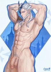 1boy abs armpit_hair armpits arms_above_head arms_behind_head arms_up artist_name artist_request artist_signature background bara beard bearded bearded_male blue_eyes daddy dilf flaccid flaccid_penis gay gay_male genshin_impact gilf hoyoverse male male_focus male_only muscles muscular muscular_male muscular_thighs old_male old_man old_man_yaoi older_male pierro_(genshin_impact) presenting presenting_penis showing_off toned toned_body toned_male vein veins veiny veiny_muscles veiny_penis white_hair yaoi