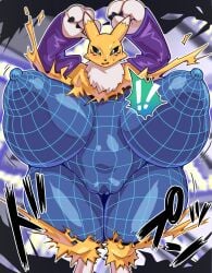 2026 3_fingers anthro armwear bandai_namco big_breasts black_sclera blue_body blue_eyes bodily_fluids bouncing_breasts breast_expansion breasts bridal_gauntlets chest_tuft claws clothing digimon digimon_(species) digital_drawing_(artwork) digital_media_(artwork) embarrassed expansion female female_anthro finger_claws fingers front_view fur genitals gloves_(marking) hands_above_head hi_res huge_breasts humanoid_genitalia humanoid_vulva hyper hyper_breasts kori-nio leg_markings markings neck_tuft nipples pupils renamon shake_lines slit_pupils socks_(marking) solo sweat sweatdrop thigh_expansion transformation tuft vulva wireframe yellow_body yellow_fur