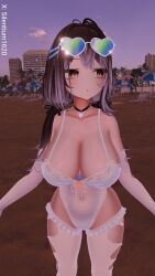 1girls beach breasts choker collar female frills glasses gloves large_breasts leotard open_mouth rose silentium1620 silya tagme thighhighs vrchat vrchat_avatar vrchat_booth