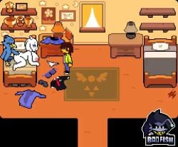 accurate_art_style animated anthro anthro_on_anthro ass badfish balls bed bedroom berdly bird boss_monster breasts cuckold deltarune furry goat kris_(deltarune) naked nipples penis pixel_animation pixelated shorter_than_10_seconds sprite tagme toriel video