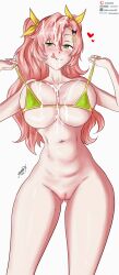 belly belly_button bikini_top breast_squeeze cum cum_on_breasts cum_on_face cum_on_upper_body digital_drawing_(artwork) digital_media_(artwork) female green_eyes heart-shaped_pupils heart_symbol hips holding_bikini_top holding_clothes jhonnyrex large_breasts long_hair mole_on_breast nicole_demara nipples_visible_through_clothing no_panties oppai pink_hair pussy smug smug_face twintails vagina white_background zenless_zone_zero