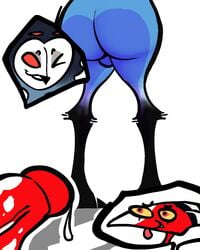 2boys abunbot anthro avian bird blitzo_(helluva_boss) bodily_fluids cum demon demon_humanoid femboy genital_fluids genitals helluva_boss hi_res humanoid imp male owl owl_demon penis red_eyes stolas_(helluva_boss) vivienne_medrano white_background wide_hips