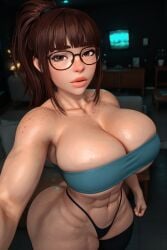 1girls 3d 3d_(artwork) ai_generated bangs big_ass big_breasts brown_hair busty glasses madz_(oc) ponytail radnsad solo solo_female solo_focus thick_thighs thighhighs thong tubetop