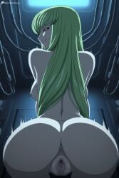 1girl :q ai_generated all_fours anus ass back breasts c.c. code_geass completely_nude digitalwaifugallery from_behind green_hair hi_res high_quality high_resolution licking_lips long_hair looking_at_viewer looking_back medium_breasts naughty_face nipples nude patreon patreon_username presenting pussy seductive sexy smile solo tongue tongue_out uncensored watermark yellow_eyes