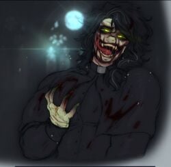 argyle_(character) bara barazoku black_clothing black_eyebrows black_hair bleeding blood_on_face blood_stain blush blush_on_skin blushing buttons color colored glowing_eyes grabbing grabbing_own_breast grabbing_pecs green_eyes green_sclera green_skin grey_streaks licking licking_lip licking_lips licking_own_lips looking_pleasured looking_up messy_hair moon moonlight open_eyes open_mouth opened_eyes opened_mouth original original_character original_characters original_male_character pointed_tongue pointy_tongue possessed possession priest red_tongue sabbasarts salt_and_pepper_hair scars scars_all_over scars_on_arm sharp_claws sharp_fingernails sharp_nails sharp_teeth smile smiling smiling_at_viewer sugestive sugestive_pose tied_hair tongue tongue_out unholy_(sabbasarts) water water_drop wavy_hair wounds yellow_teeth yumeko_grabbing_her_breast