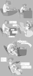 1boy 1cuntboy alastor_(hazbin_hotel) clothed comic cumming cunnilingus cuntboy curly_hair dark-skinned_male dark_skin english_text gay glasses hauntedapple hazbin_hotel heavy_breathing human_alastor_(hazbin_hotel) human_vox_(hazbin_hotel) legs licking licking_pussy light-skinned_male looking_at_another looking_down looking_up monochrome oral oral_sex panties panting pussy pussy_ejaculation pussy_juice shaved_pussy short_hair sketch socks stress_relief stressed tongue tongue_out under_the_table vox_(hazbin_hotel) white_panties yaoi