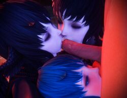 2022 bisexual bisexual_female blue_eyes blue_hair blush collaborative_fellatio cum cum_in_mouth fellatio fffm_foursome final_fantasy final_fantasy_xiv hi_res kayuri meteion selfcest square_enix sucking_balls