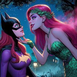 2girls ai_generated arm_at_side barbara_gordon bare_arms bare_shoulders bat bat_print bat_symbol batgirl batgirl_(barbara_gordon) batman_(series) belt black_belt black_bodysuit black_cape black_lipstick black_mask bodysuit breasts brown_hair building cape cleavage couple dc dc_comics dress duo eye_contact eyeshadow female/female female_only femdom femsub green_dress green_eyes grin hair_ornament half-closed_eyes hand_up head_back height_difference heroine imminent_kiss jewelry leaf leaf_clothing leaf_hair_ornament leaning leaning_forward leaves lezdom lezsub lips lipstick long_hair looking_at_another looking_down looking_up love makeup mask medium_breasts mind_control multiple_females multiple_girls mutual_yuri neck necklace night night_sky outdoors pamela_isley parted_lips plant_girl poison_ivy purple_bodysuit purple_eyeshadow red_hair red_lipstick romantic romantic_couple scent sidelocks skin_tight sky small_breasts smile star starry_sky straight_hair strapless strapless_dress superhero_costume superheroine supervillainess thesirenspell tree villainess yuri