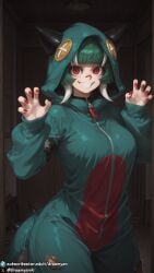 1girls aged_up ai_generated big_breasts breasts claw_pose clenched_teeth clothed clothed_female curvy curvy_body curvy_female dreamyan_ai female female_focus female_only gachiakuta green_hair guita_hebby_fantasia hi_res high_quality high_resolution highres huge_breasts large_breasts looking_at_viewer mature_female pose red_eyes sharp_nails short_hair smile smiling solo solo_female solo_focus symbol-shaped_pupils thick_ass thick_thighs thighs uncensored